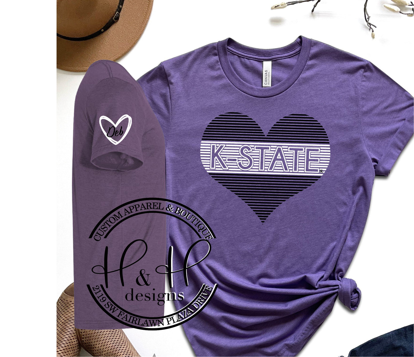 <3 Deb: Black & White K-State Lined Heart - HHKSU114 - Licensed Apparel