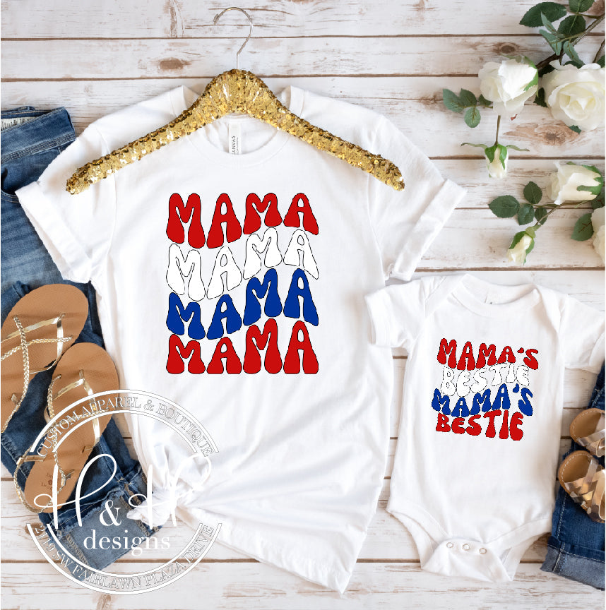 Mama's Bestie Red White & Blue Retro Wavy