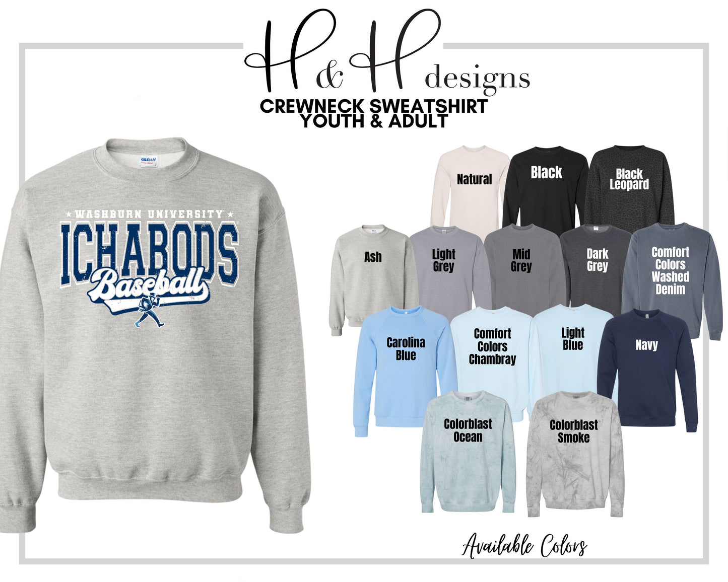 Washburn University Ichabods Baseball Distressed Retro Script ~ Licensed Apparel ~ HHWU231