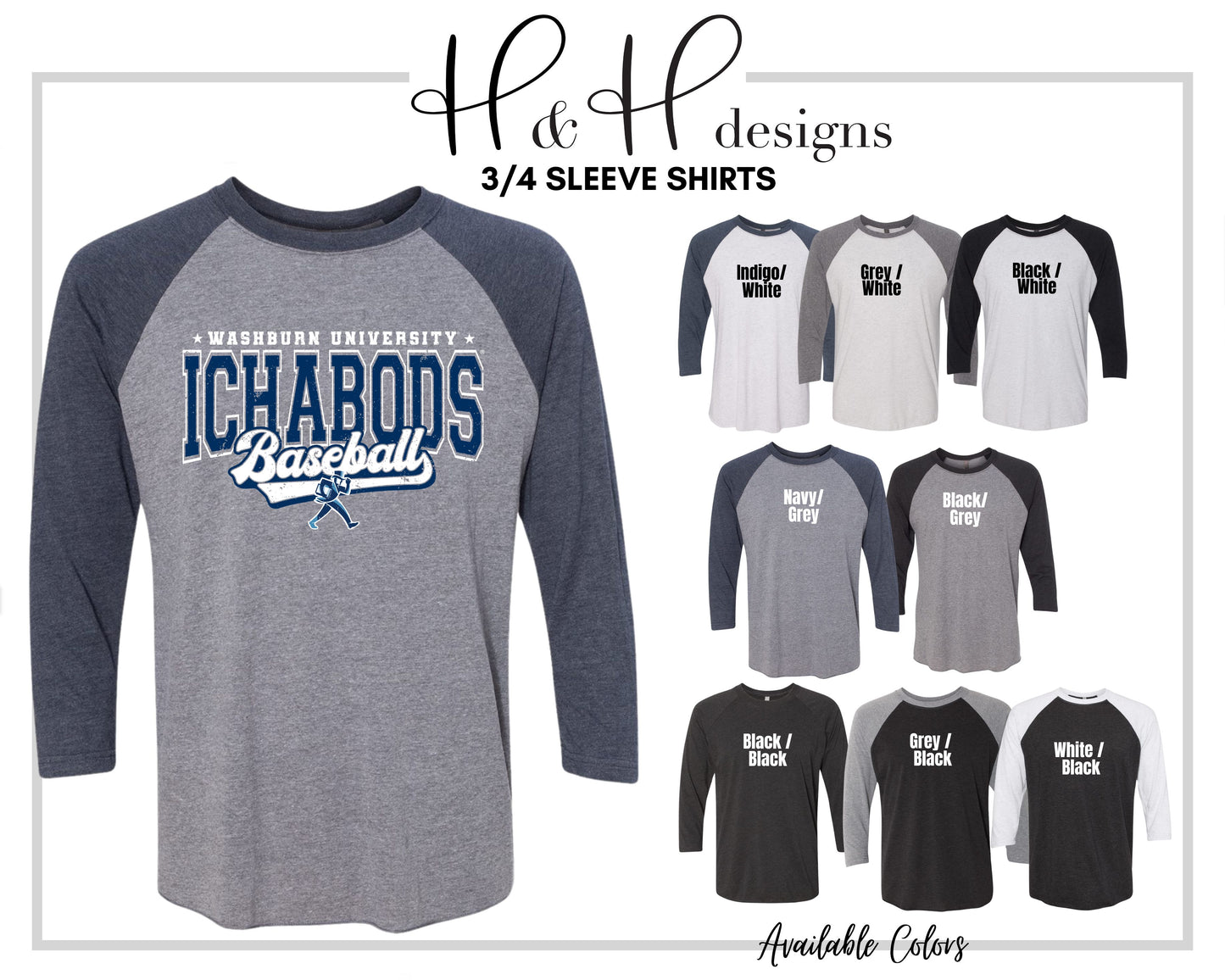 Washburn University Ichabods Baseball Distressed Retro Script ~ Licensed Apparel ~ HHWU231