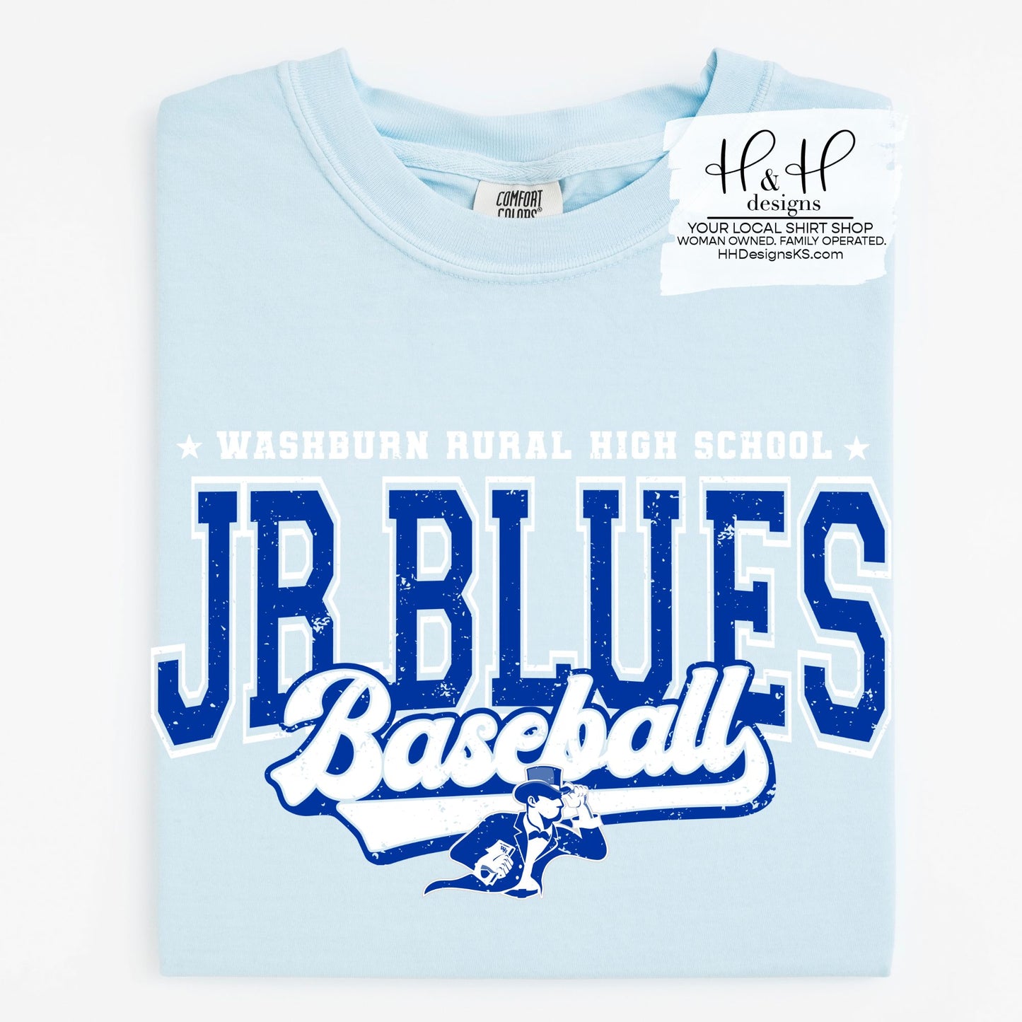 Washburn Rural Jr. Blues Baseball Distressed Retro Script ~ HH281