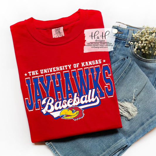 The University of Kansas Jayhawks Baseball Distressed Retro Script  ~ Licensed Apparel ~ HHKU180