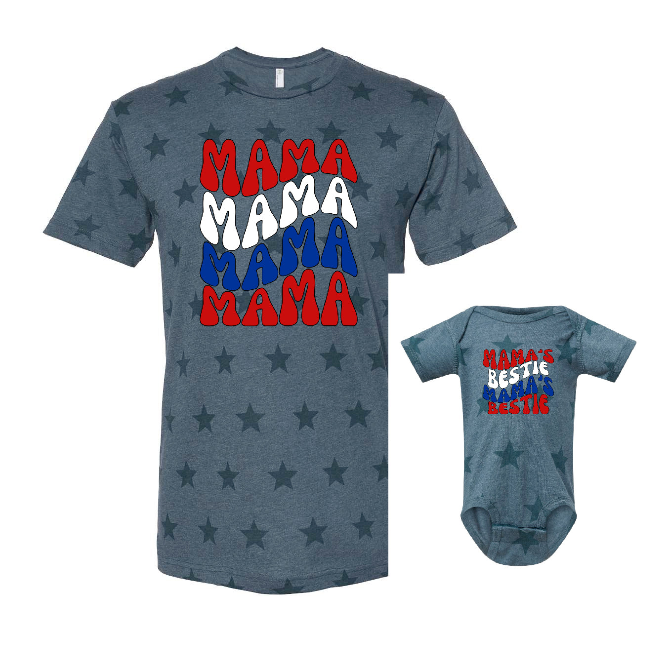 Mama's Bestie Red White and Blue Retro Wavy - with patterned tee options