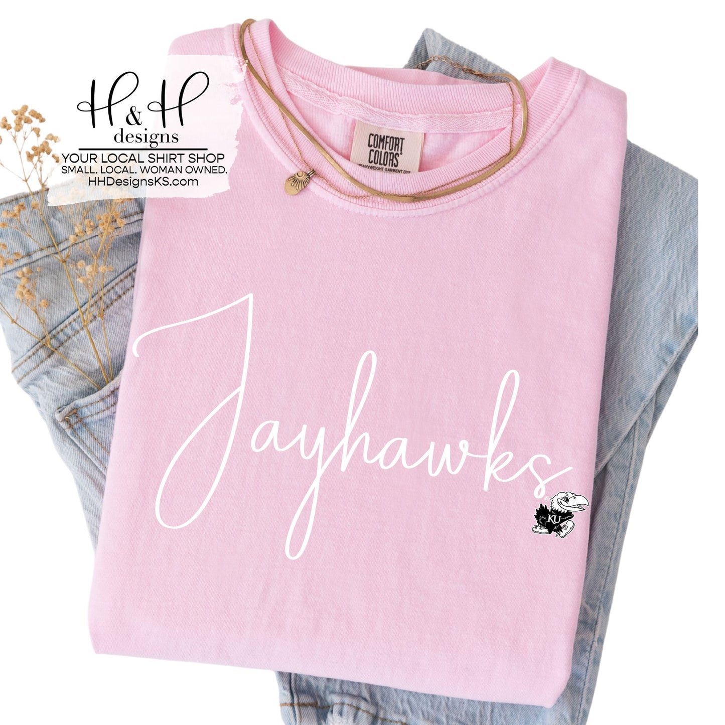 Jayhawks Swirly Script for Pink  ~ Licensed Apparel ~ HHKU154