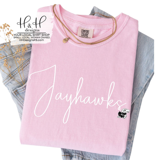 Jayhawks Swirly Script for Pink  ~ Licensed Apparel ~ HHKU154