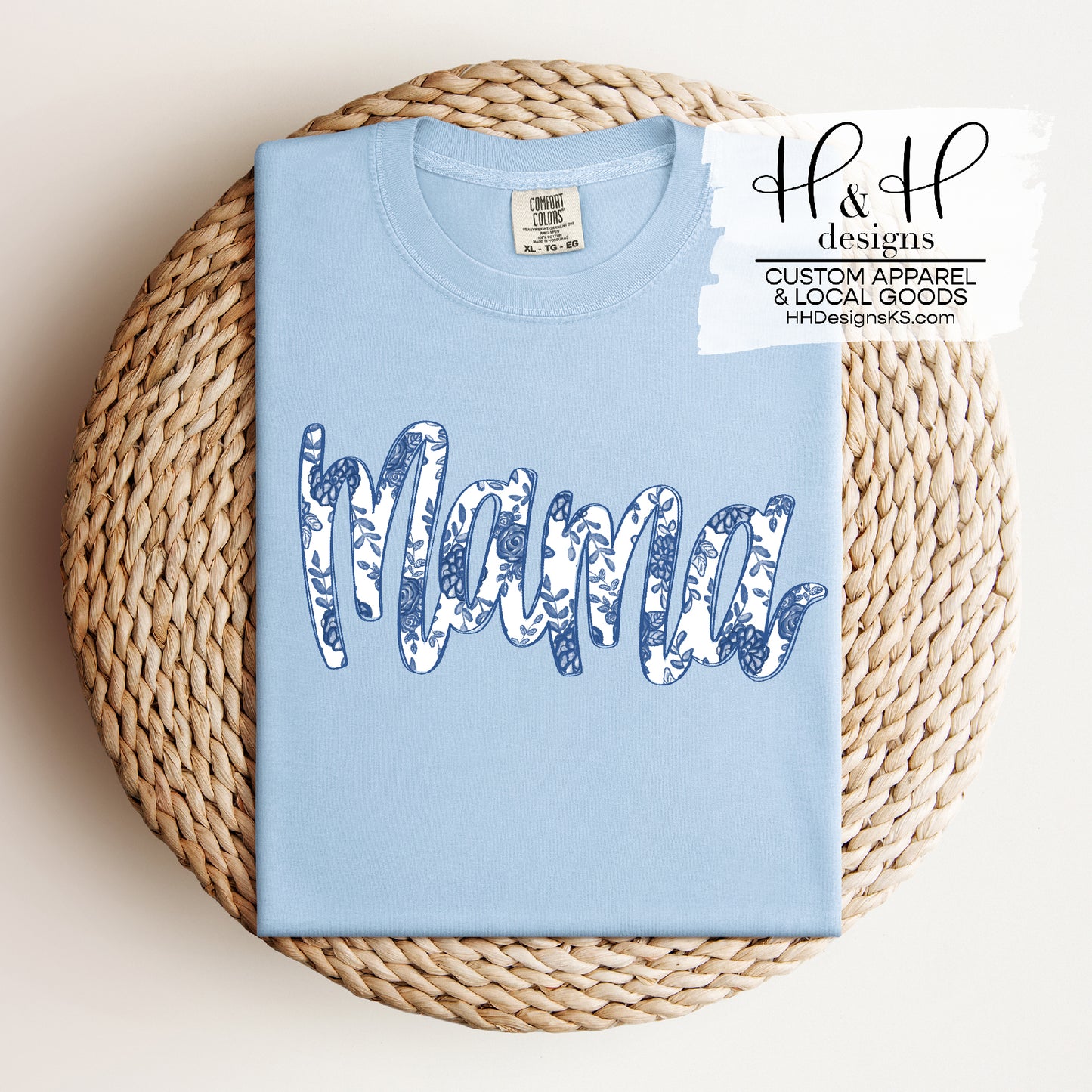 Mama Blue Floral Cursive